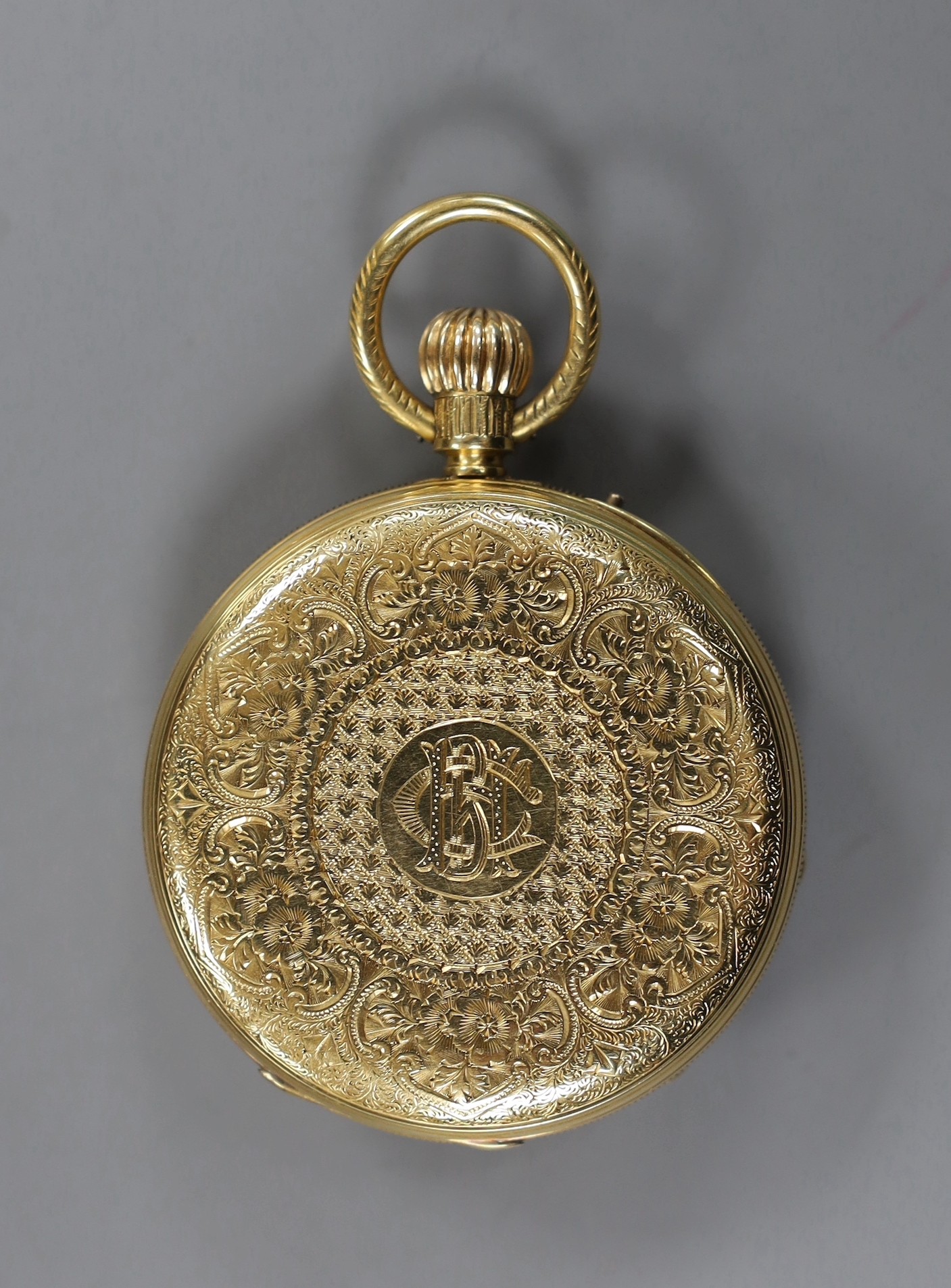 A George V engraved 18ct gold open faced keyless pocket watch, by Tho. Porthouse, London, with Roman dial(crack) and subsidiary seconds, case diameter 47mm
